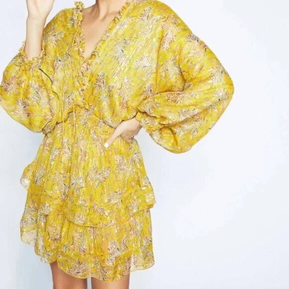 THE KOOPLES FEUILLE D’OR SILK FLORAL METALLIC GOLD YELLOW LONG SLEEVE MINI DRESS - Picture 13 of 15